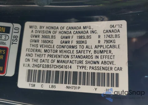 2012 Honda Civic Lx from USA, damaged, VIN 2HGFG3B57CH541614